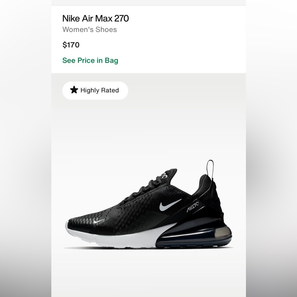 Women’s Nike Air max 270 Black and White sneakers shoes sizes.6..8..8.5..9.5…10
